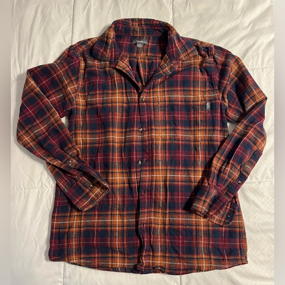 Eddie Bauer Men's Medium Bristol Flannel Shirt Orange Navy Red Plaid 100% Cotton